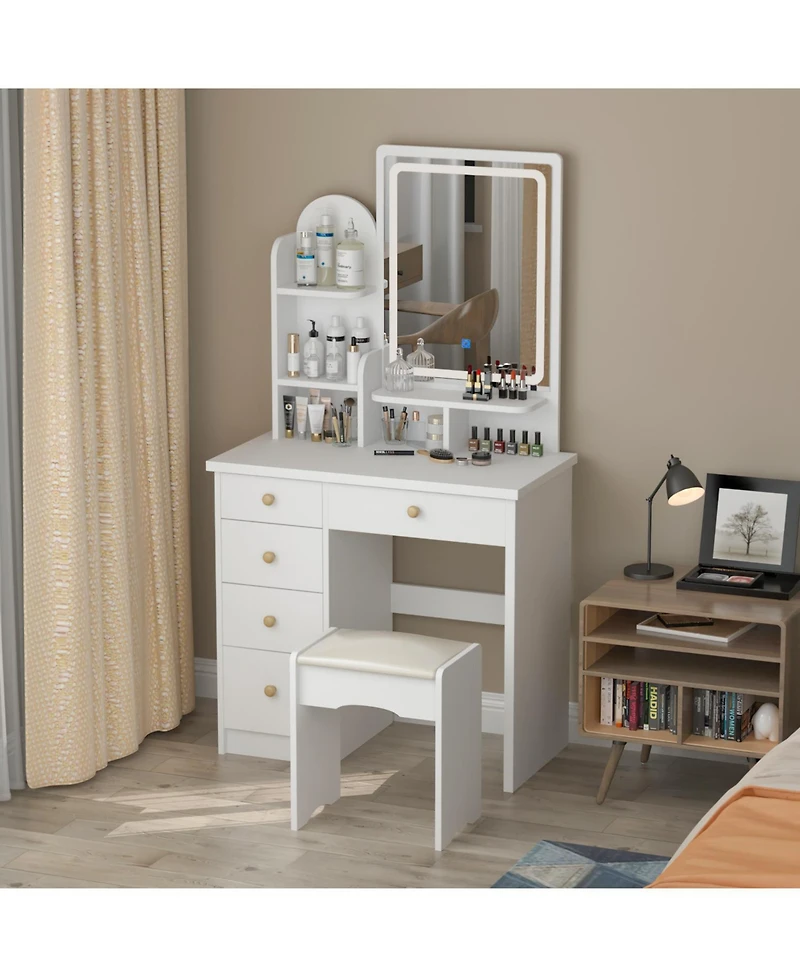Homsee 5-Drawers Pink Makeup Vanity Sets Dressing Table Sets with Stool, Mirror, Led Light and 3-Tier Storage Shelves