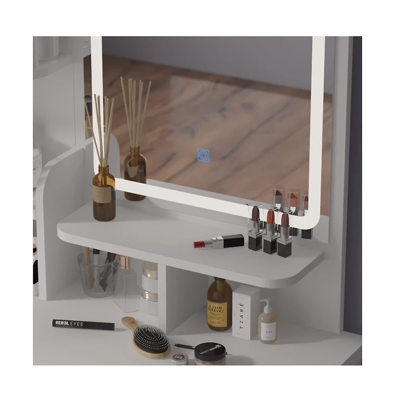 Homsee 5-Drawers Pink Makeup Vanity Sets Dressing Table Sets with Stool, Mirror, Led Light and 3-Tier Storage Shelves