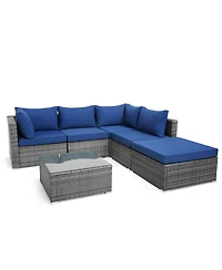 6 Pieces Outdoor Rattan Sofa Set with Seat and Back Cushions