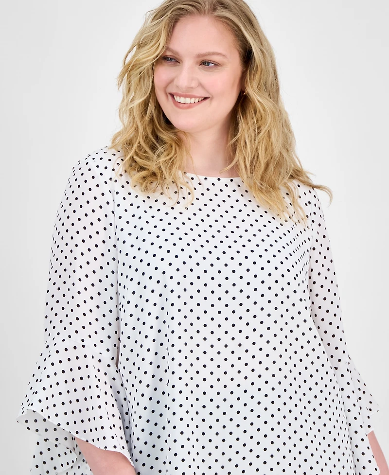 Kasper Plus Polka-Dot Ruffle-Sleeve Blouse
