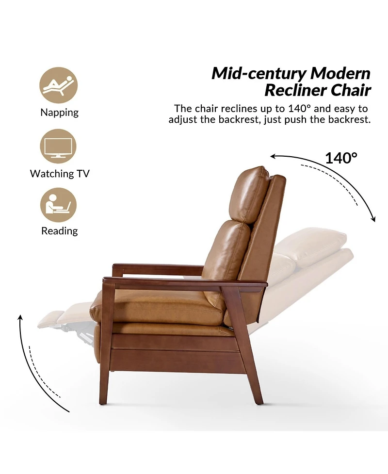Peter Mid-Century Modern Leather Solid Wood Recliner with Rubber