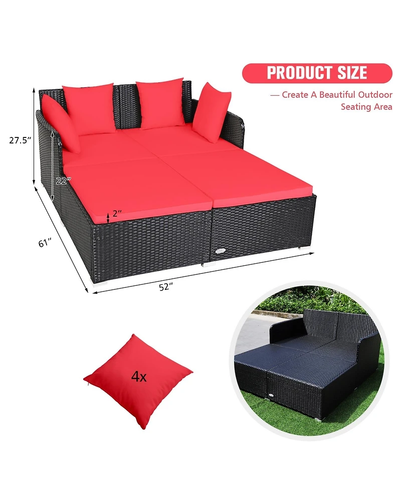 Sugift Spacious Outdoor Rattan Daybed with Upholstered Cushions and Pillows