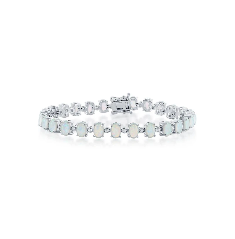 Caribbean Treasures Sterling Silver Alternating Synthetic Oval Opal &Small Cz Tennis Bracelet