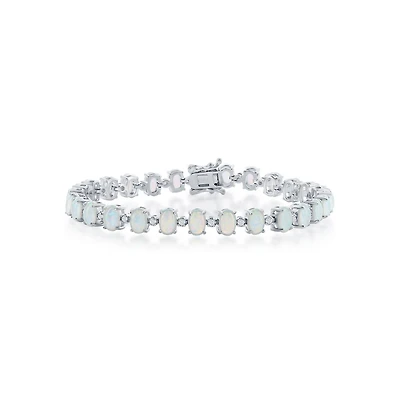 Caribbean Treasures Sterling Silver Alternating Synthetic Oval Opal &Small Cz Tennis Bracelet