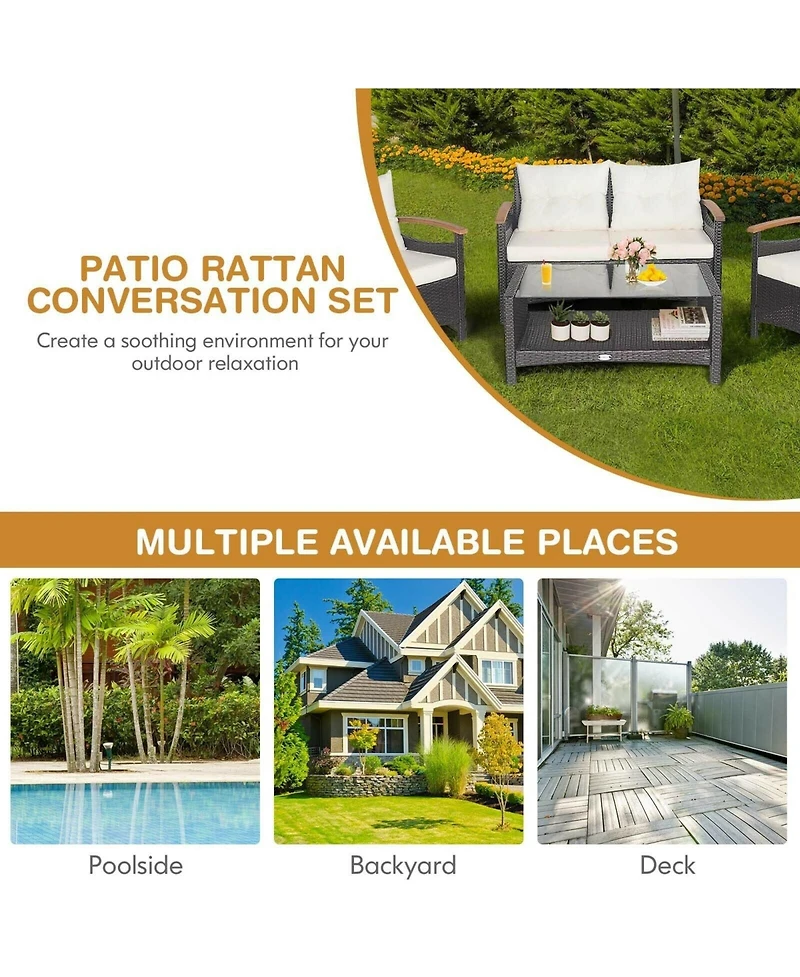 4 Pieces Patio Rattan Furniture Set with Cushioned Sofa and Storage Table