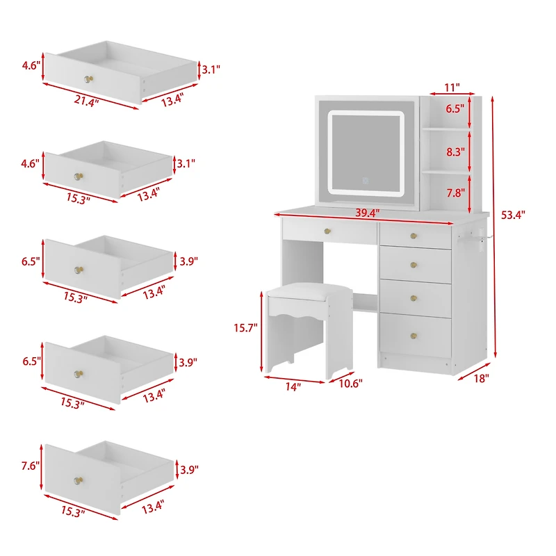 Famapy White Makeup Vanity Set Dresser Table with Dimmable Lighted Mirror, Power Strip and Hair Dryer Holder, 5-Drawers, Stool