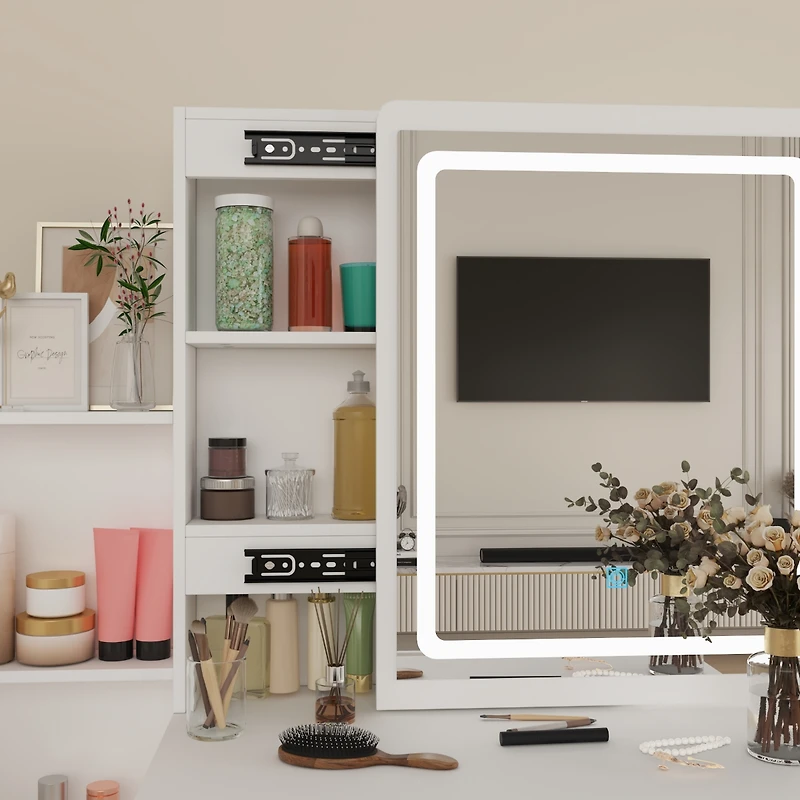 Homsee Grey Wood Silding Led Mirror Makeup Vanity Sets Dresser Table With Storage Shelves, 4-Drawers and Stool