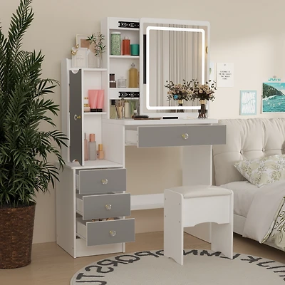 Homsee Grey Wood Silding Led Mirror Makeup Vanity Sets Dresser Table With Storage Shelves, 4-Drawers and Stool