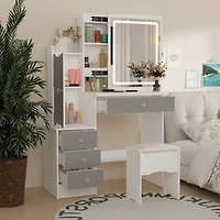 Homsee Grey Wood Silding Led Mirror Makeup Vanity Sets Dresser Table With Storage Shelves, 4-Drawers and Stool