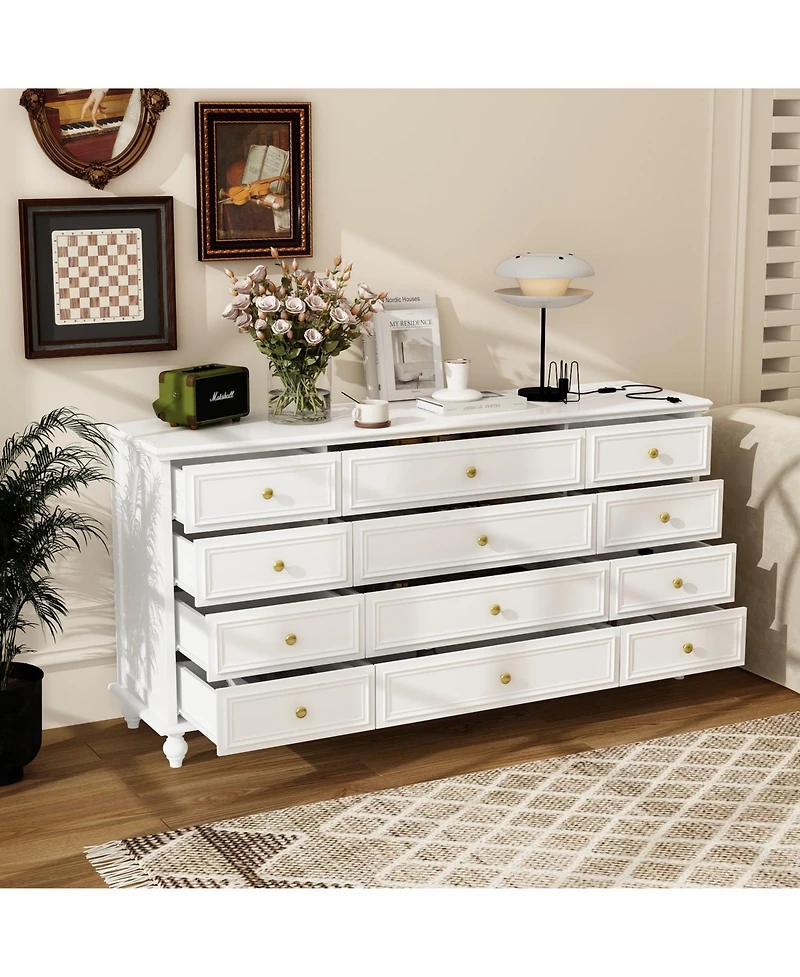 Famapy White Wooden 63 in. W 12-Drawer Chest of Drawers Modern European Style Storage Dresser