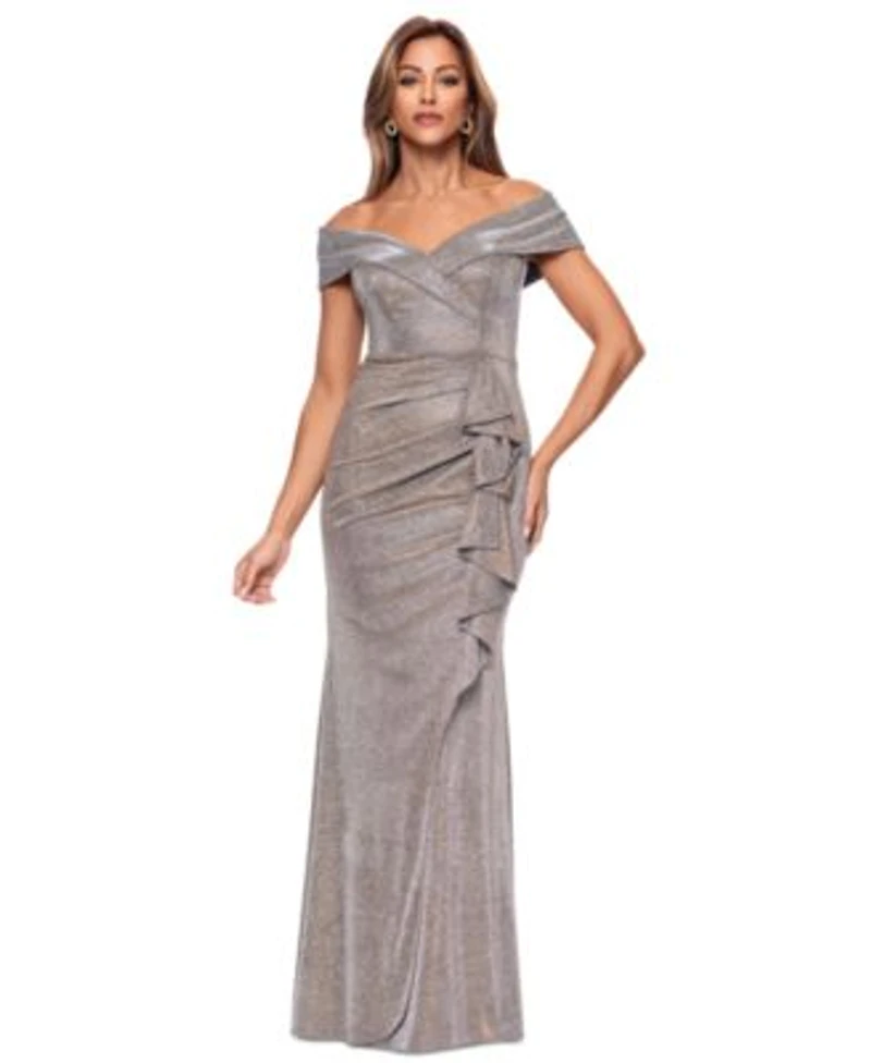 Xscape Womens Off The Shoulder Ruffled Glitter Gown