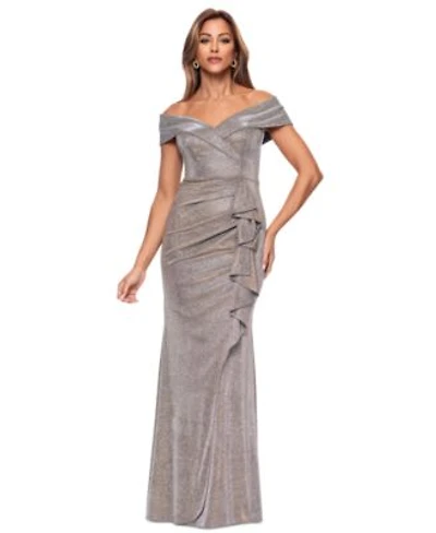 Xscape Womens Off The Shoulder Ruffled Glitter Gown