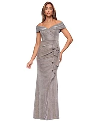 Xscape Womens Off The Shoulder Ruffled Glitter Gown
