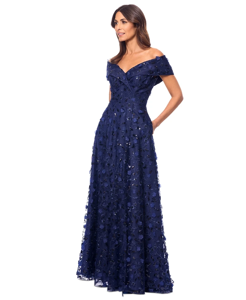 Xscape Women's 3D Floral Embroidered Off-The-Shoulder Gown