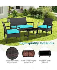 Sugift 4 Pieces Rattan Conversation Set with Tempered Glass Coffee Table