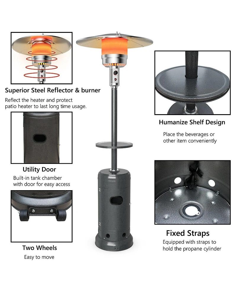 Gymax Outdoor Patio Heater Propane Standing Lp Gas Steel W/Table & Wheels Grey