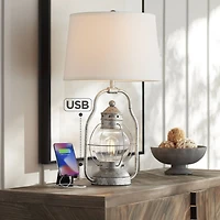 Franklin Iron Works Bodie Rustic Industrial Table Lamp with Usb Charging Port Nightlight Antique Led Edison 26" High Distressed Silver Off White Linen