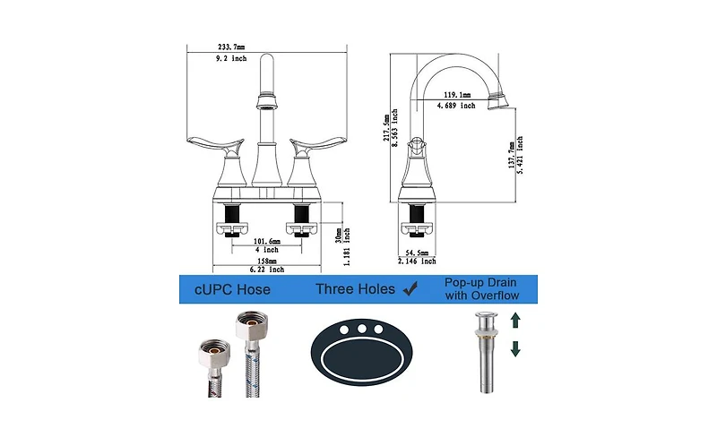 Slickblue 2-Handle 4-Inch Brushed Nickel Bathroom Faucet for Vanity Sinks with Pop-Up Drain