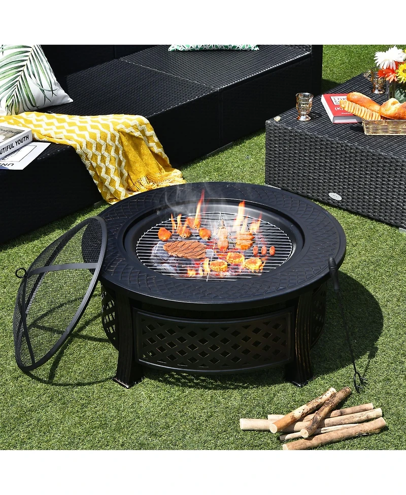 32'' Round Fire Pit Set W/ Rain Cover Bbq Grill Log Grate Poker