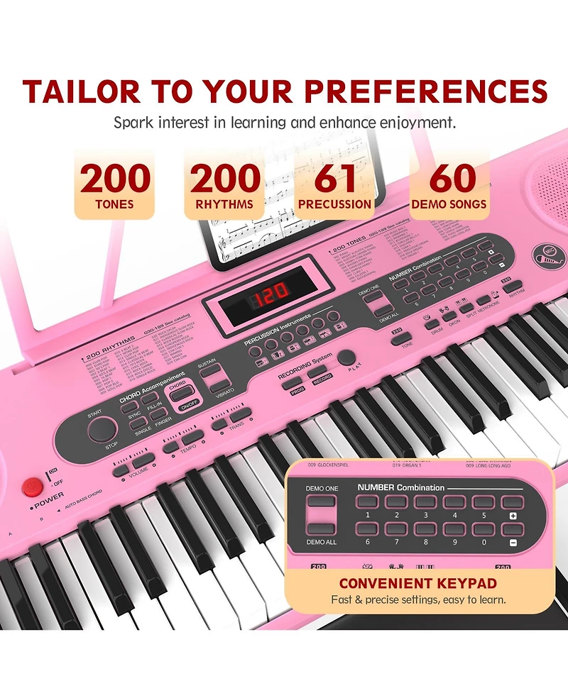 Givimo 61-Key Pink Electric Keyboard Piano for Beginners with Stand, Bench, Microphone, Headphones, Dual Speakers & Teaching Modes