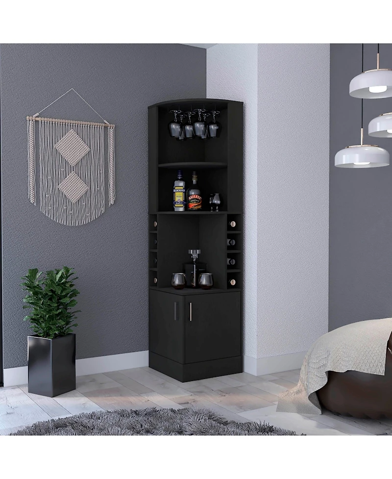 Cairo Corner Bar Cabinet with Double Door Cabinet, Glass Rack, Eight Built-in Wine Rack, Black