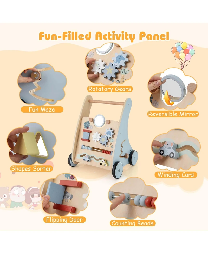 Costway Wooden Baby Walker Push & Pull Walker with Multi-Activity Center
