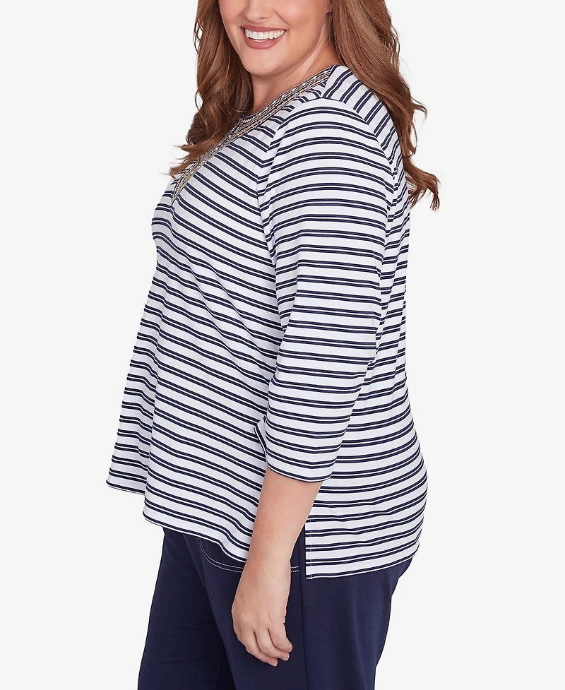 Alfred Dunner Plus Size Block Island Striped Top with Embroidered Neckline