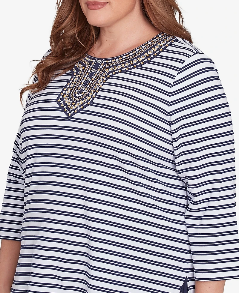 Alfred Dunner Plus Size Block Island Striped Top with Embroidered Neckline