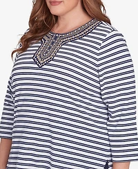 Alfred Dunner Plus Size Block Island Striped Top with Embroidered Neckline