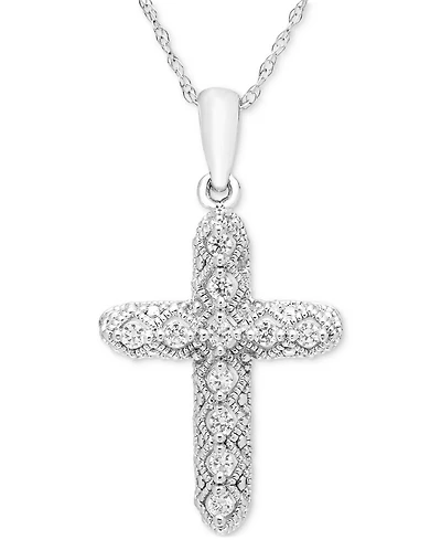 Diamond Cross Pendant 18" Necklace (1/8 ct. t.w.) in 14k White Gold