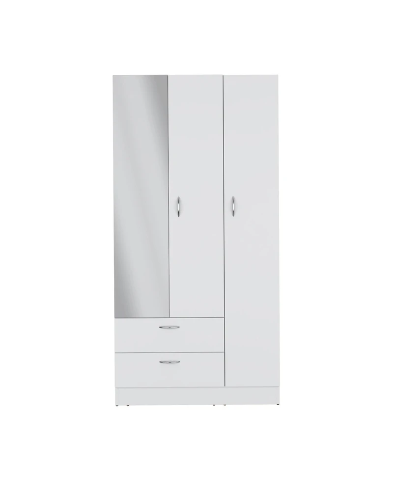 Troy wardrobe with 3 doors, one with mirror, two drawers, four shelves and hanging bar,White