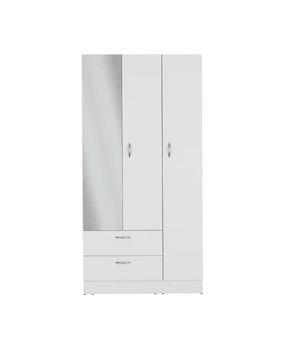 Troy wardrobe with 3 doors, one with mirror, two drawers, four shelves and hanging bar,White