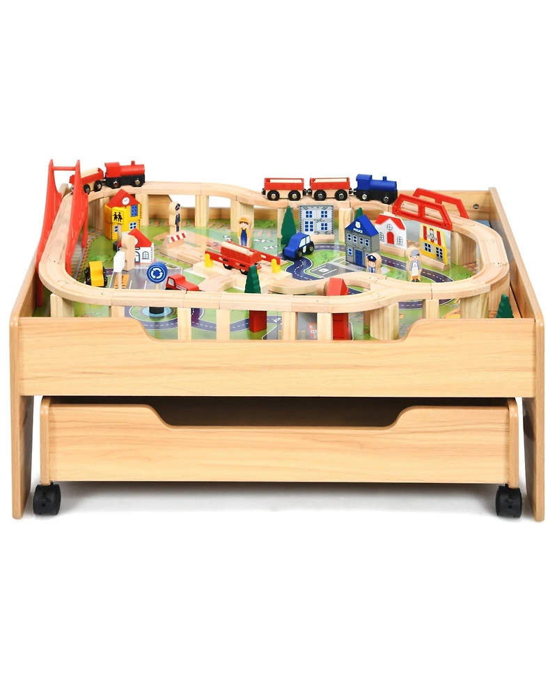 Gouun Children's Wooden Railway Set Table with 100 Pieces Storage Drawers