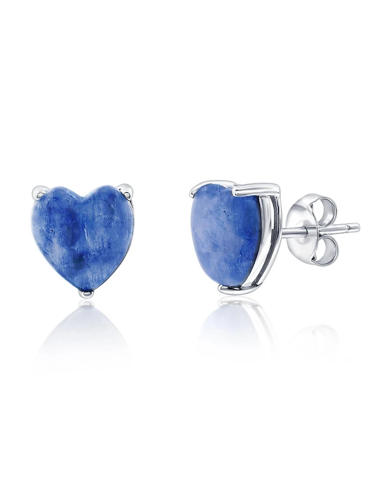 Caribbean Treasures Sterling Silver, 3-Prong Heart Stud Earrings (Available Larimar, Lapis, Malachite or Kyanite)