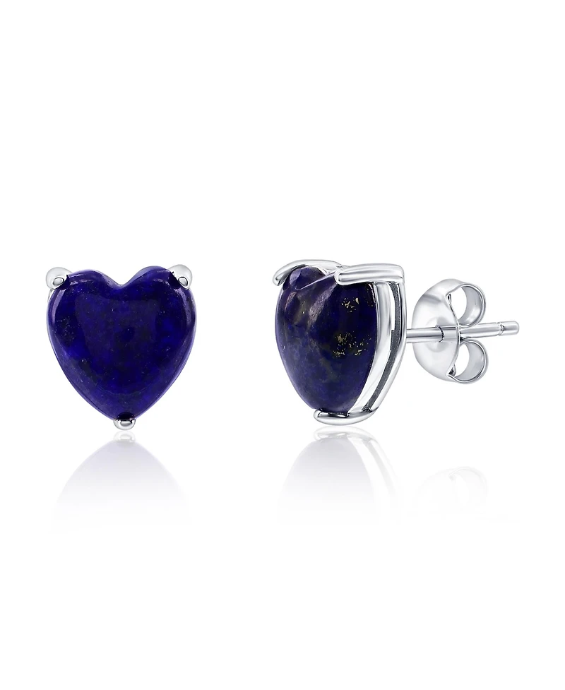 Caribbean Treasures Sterling Silver, 3-Prong Heart Stud Earrings (Available Larimar, Lapis, Malachite or Kyanite)