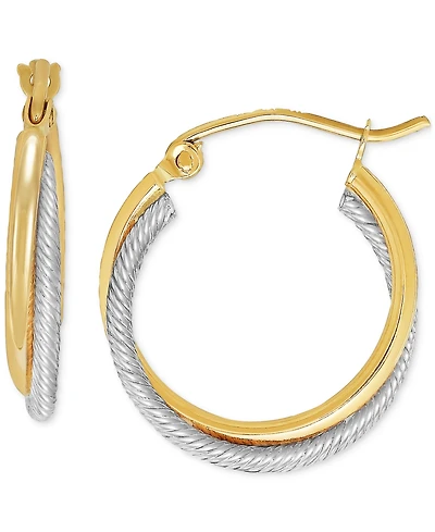 Small Polished Crossover Tube Hoop Earrings in 10K Yellow and White Gold, 0.7"