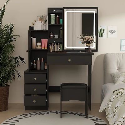 Homsee Grey Wood Silding Led Mirror Makeup Vanity Sets Dresser Table With Storage Shelves, 4-Drawers and Stool