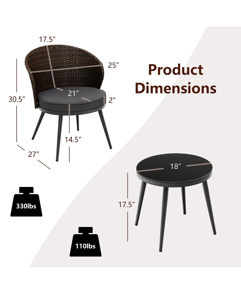 Sugift 3 Pieces Patio Rattan Bistro Set with 2 Seat Cushions and Tempered Glass Tabletop