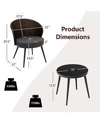 Sugift 3 Pieces Patio Rattan Bistro Set with 2 Seat Cushions and Tempered Glass Tabletop