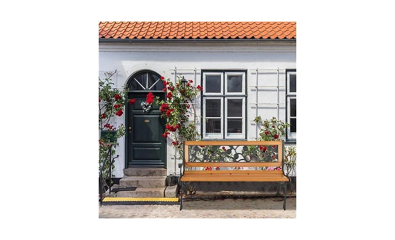 Slickblue 49" Garden Bench with Rose Style Back Hardwood and Cast Iron Patio Love Seat