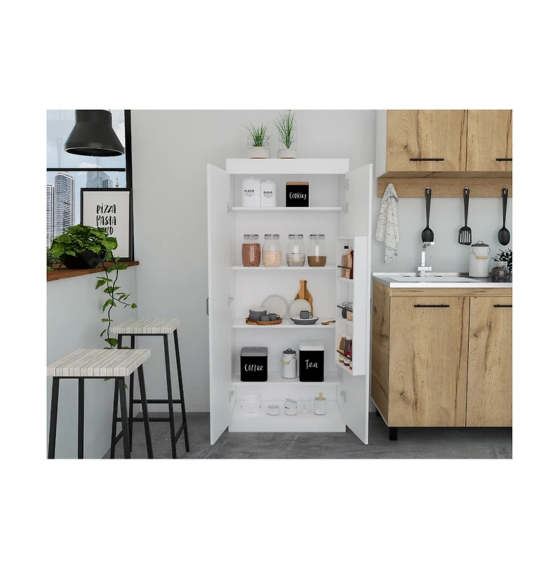 Chad Pantry Double Door Cabinet, Five Shelves,Three Interior Door Shelves, White