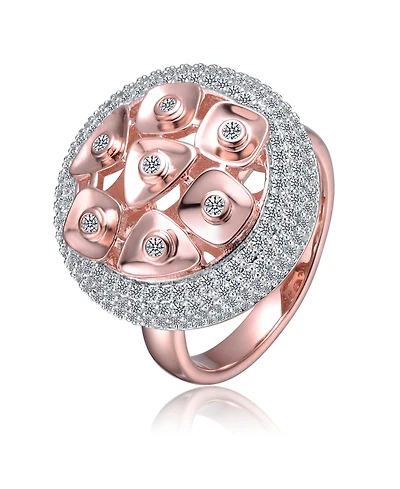 Sterling Silver Two-Tone with Clear Cubic Zirconia Cocktail Ring-White Gold Plated and 18k Rose Gold Plated