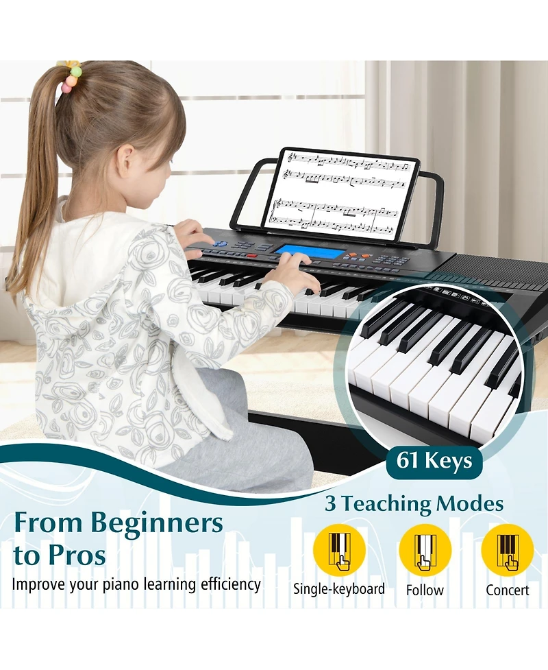 Hongge 61-Key Electronic Keyboard Piano Starter Set with Stand Bench and Headphones