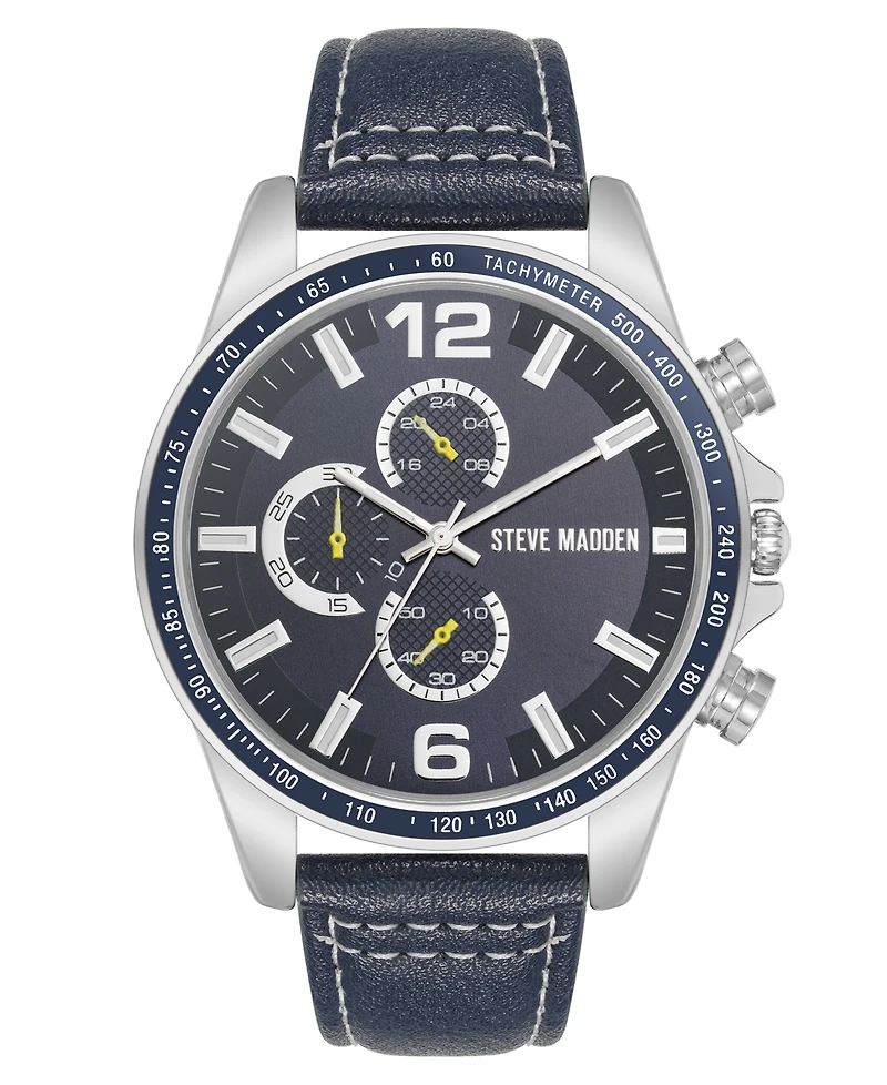 Steve Madden Men's Modern Navy Faux Leather and Silver-Tone Alloy Metal Watch, 45mm