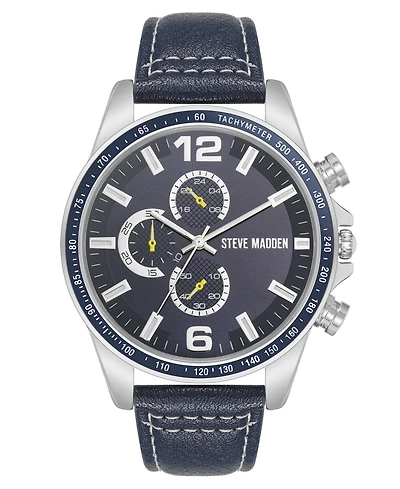 Steve Madden Men's Modern Navy Faux Leather and Silver-Tone Alloy Metal Watch, 45mm