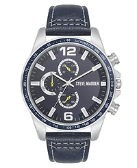 Steve Madden Men's Modern Navy Faux Leather and Silver-Tone Alloy Metal Watch, 45mm