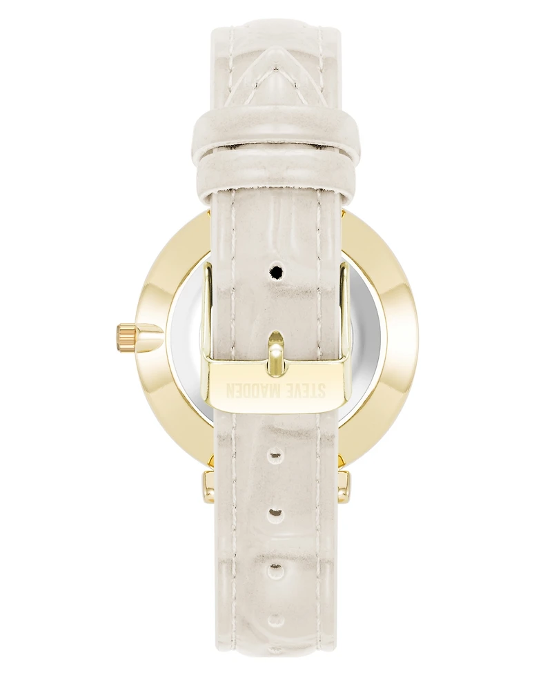 Steve Madden Women's Contemporary White Faux Leather and Gold-Tone Alloy Metal Watch, 35mm