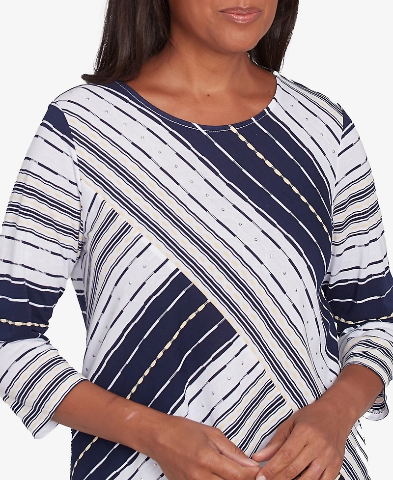 Alfred Dunner Women's Block Island Spliced Stripe Crew Neck Textured Top