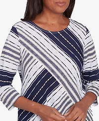 Alfred Dunner Women's Block Island Spliced Stripe Crew Neck Textured Top