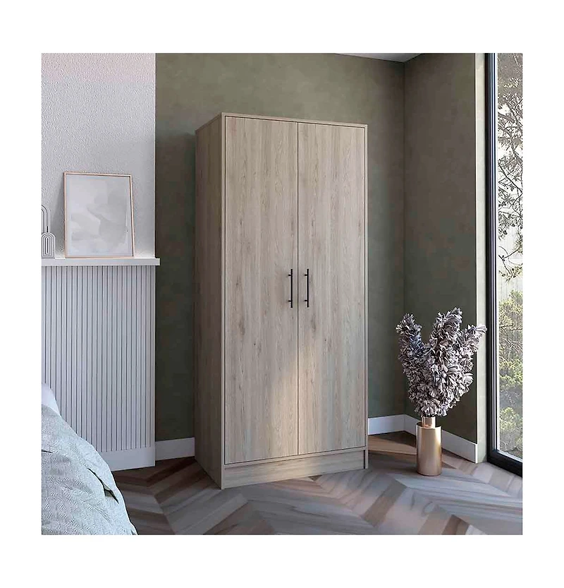 Darwin 180 Armoire, Double Door Cabinets, Metal Rod, Metal Handle, Two Shelves, One Drawer, Light Gray
